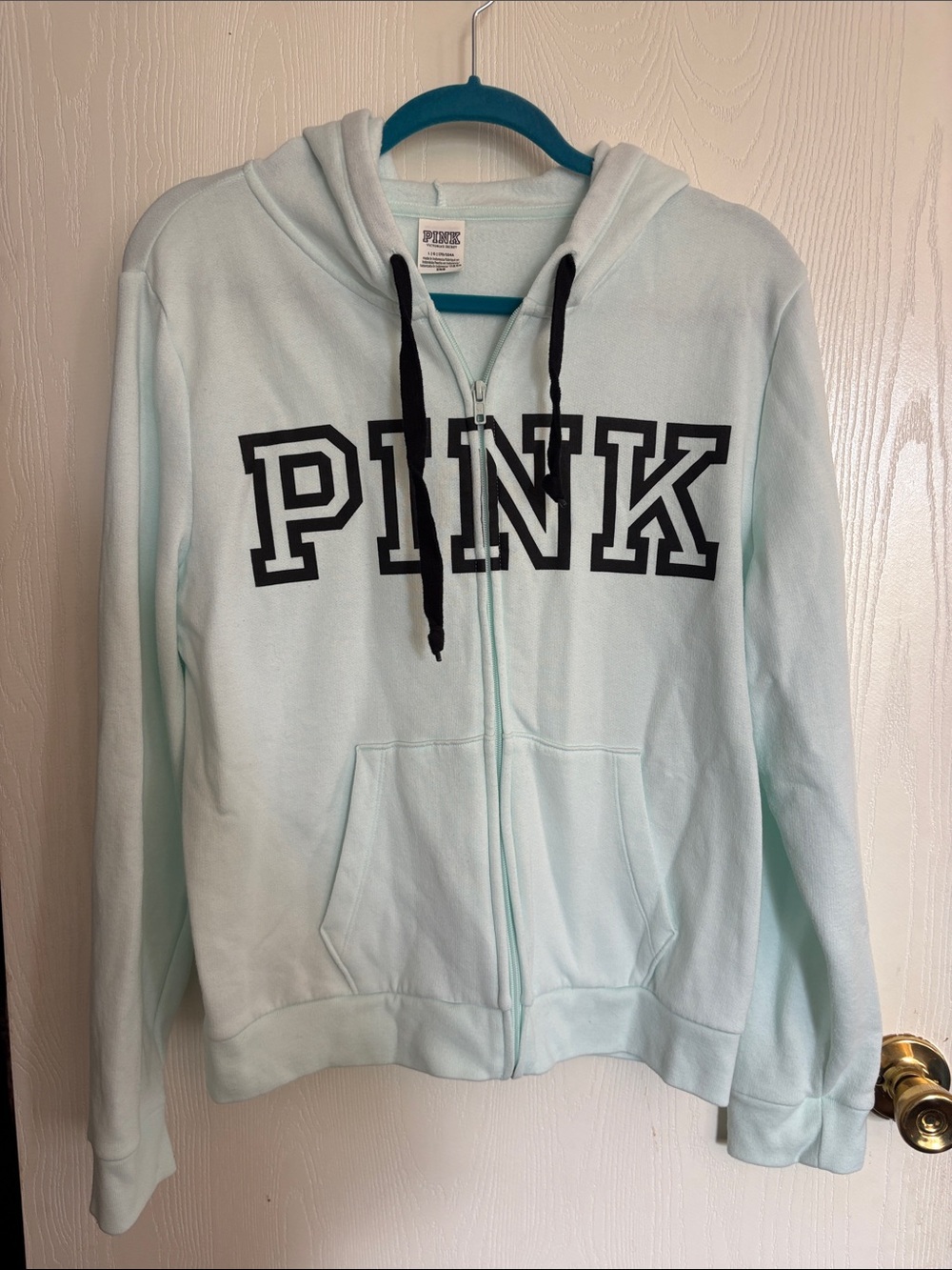 PINK Victoria's Secret Mint Blue Zip-Up Hoodie with Black Logo